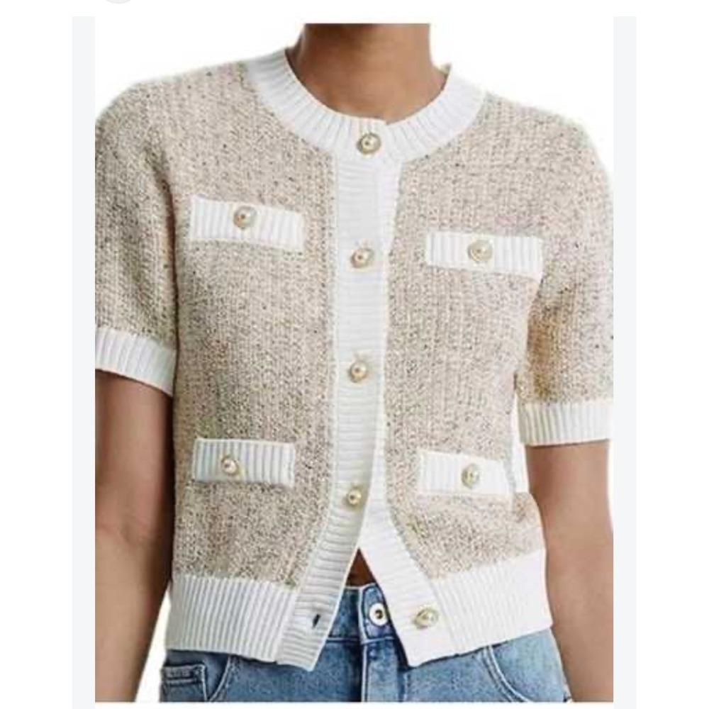 Urban Revivo Prep Short Sleeve Pearl Button Cardigan Sweater Beige White Medium
